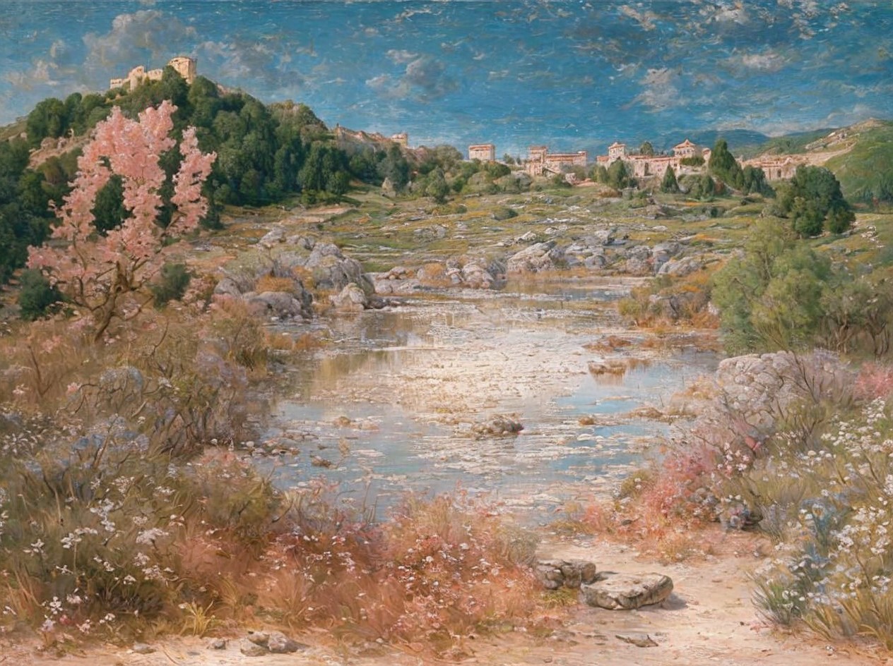 Romantic Landscape with Almond Tree and Castle Ruins