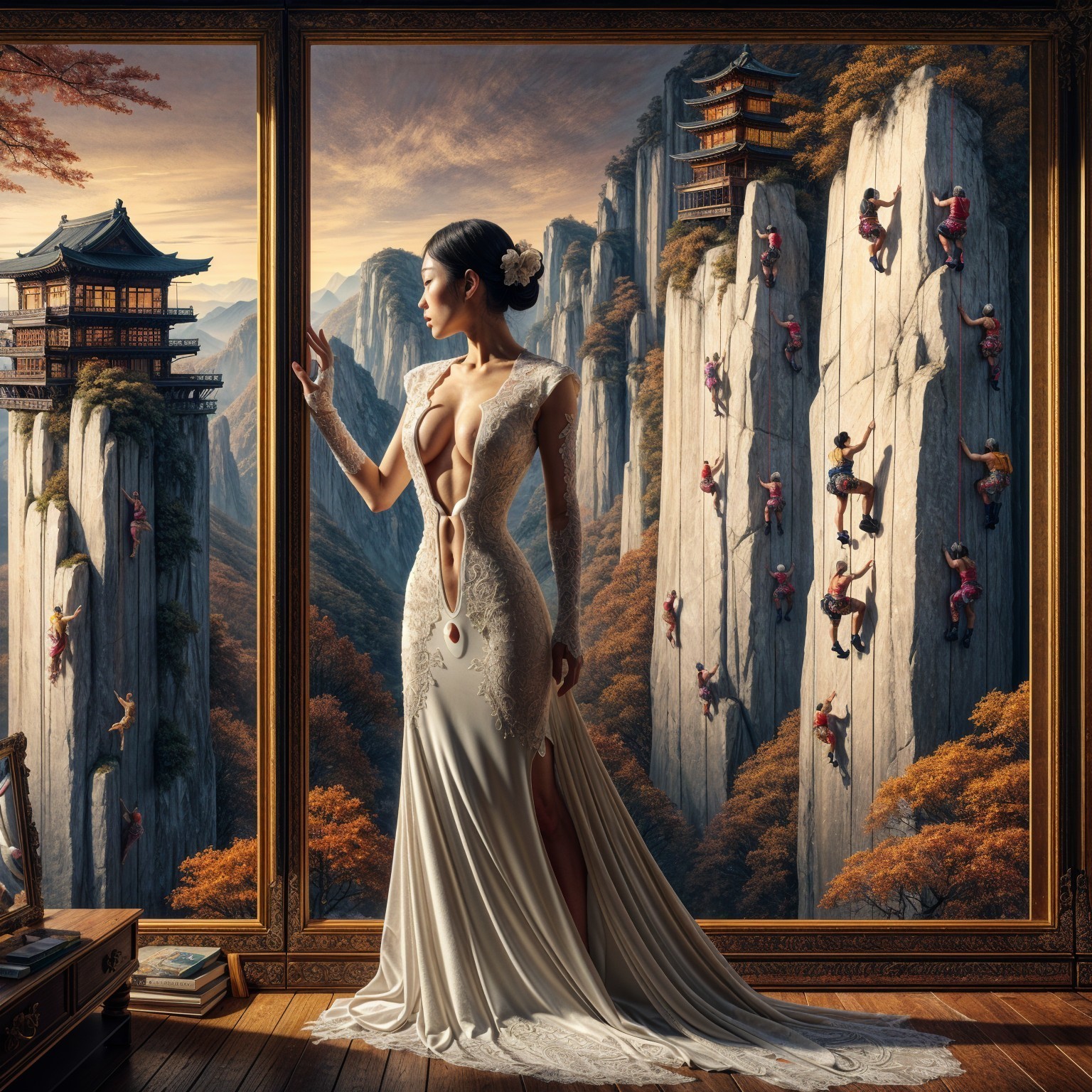 Elegant Woman in Ornate Room with Vibrant Tapestry