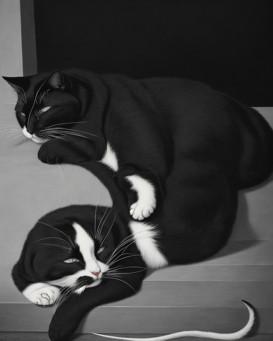 Black and white cats curled up in cozy pose