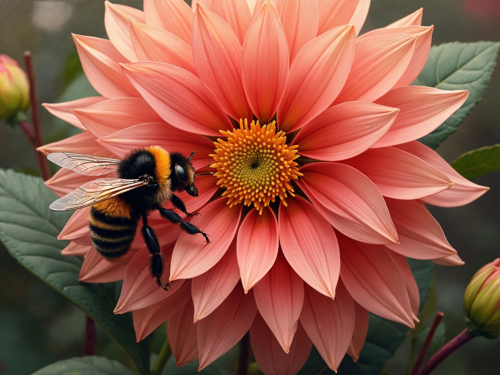 Close-up of a peach flower and bumblebee pollination