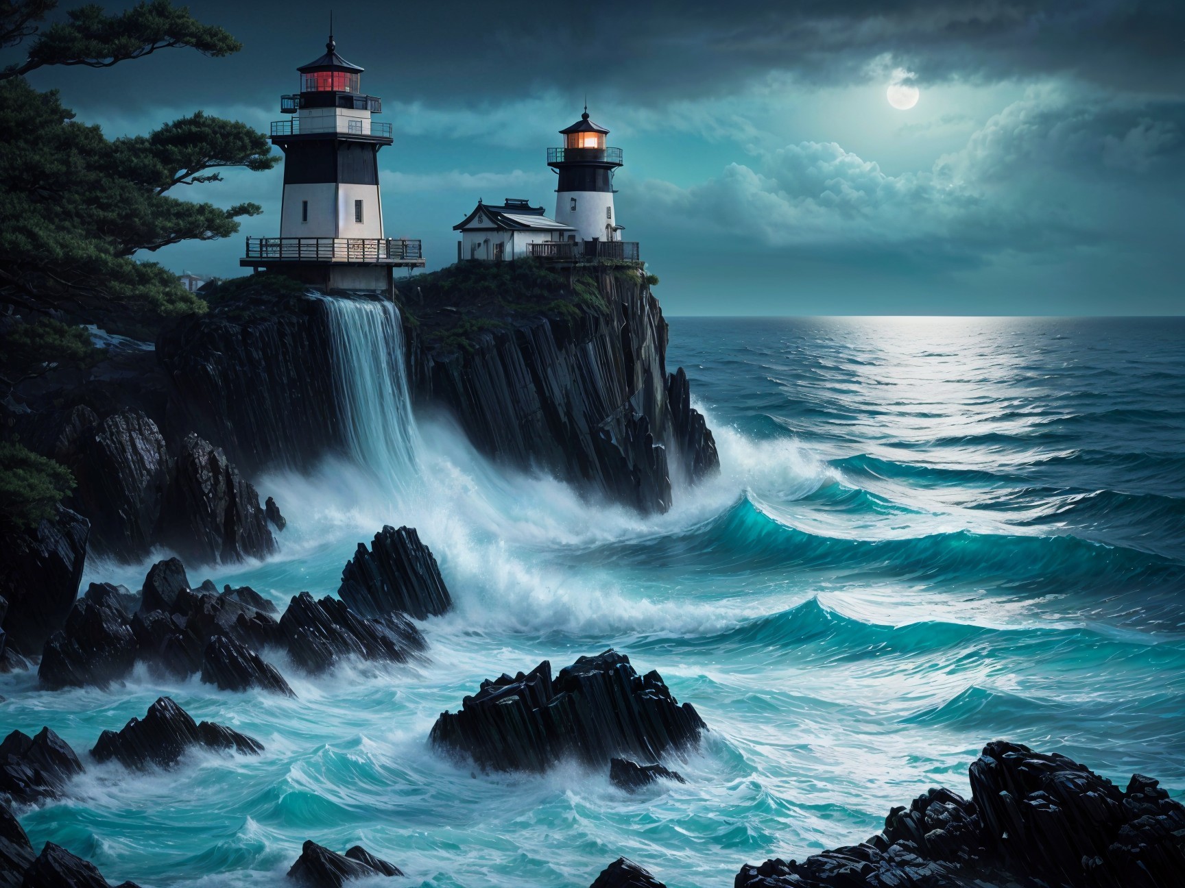 Coastal Scene with Lighthouses and Dramatic Sky