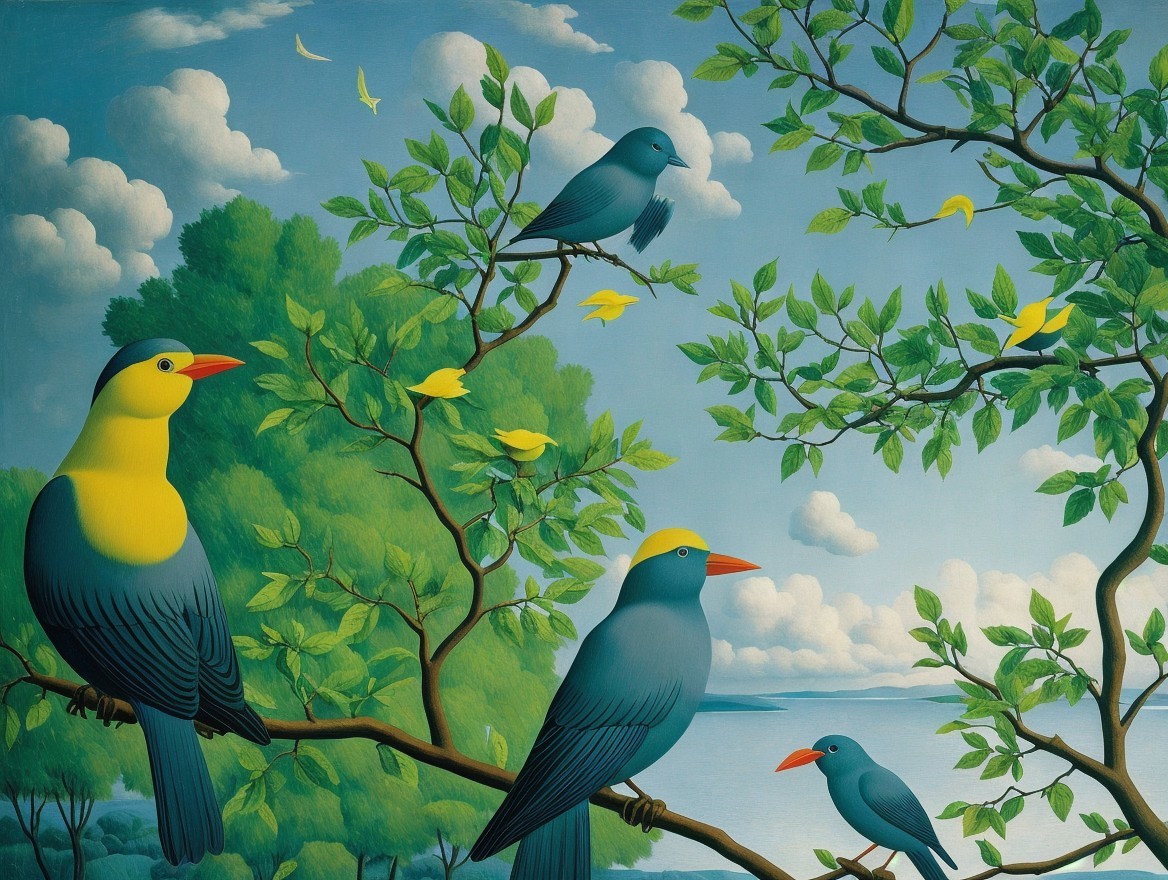 Vibrant Birds in a Serene Landscape with Lush Foliage