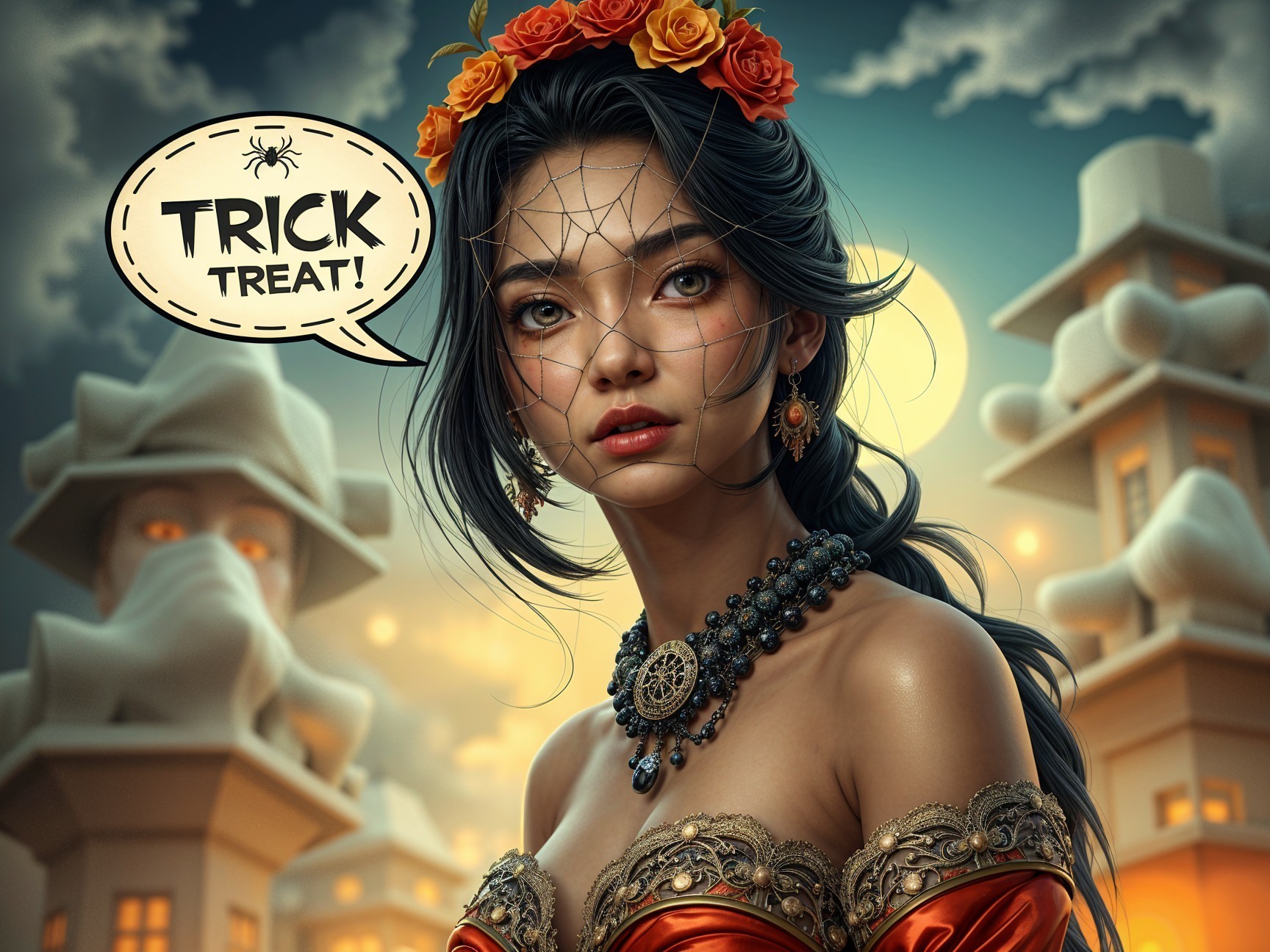 Young Woman in Orange Dress Surrounded by Spooky Scene