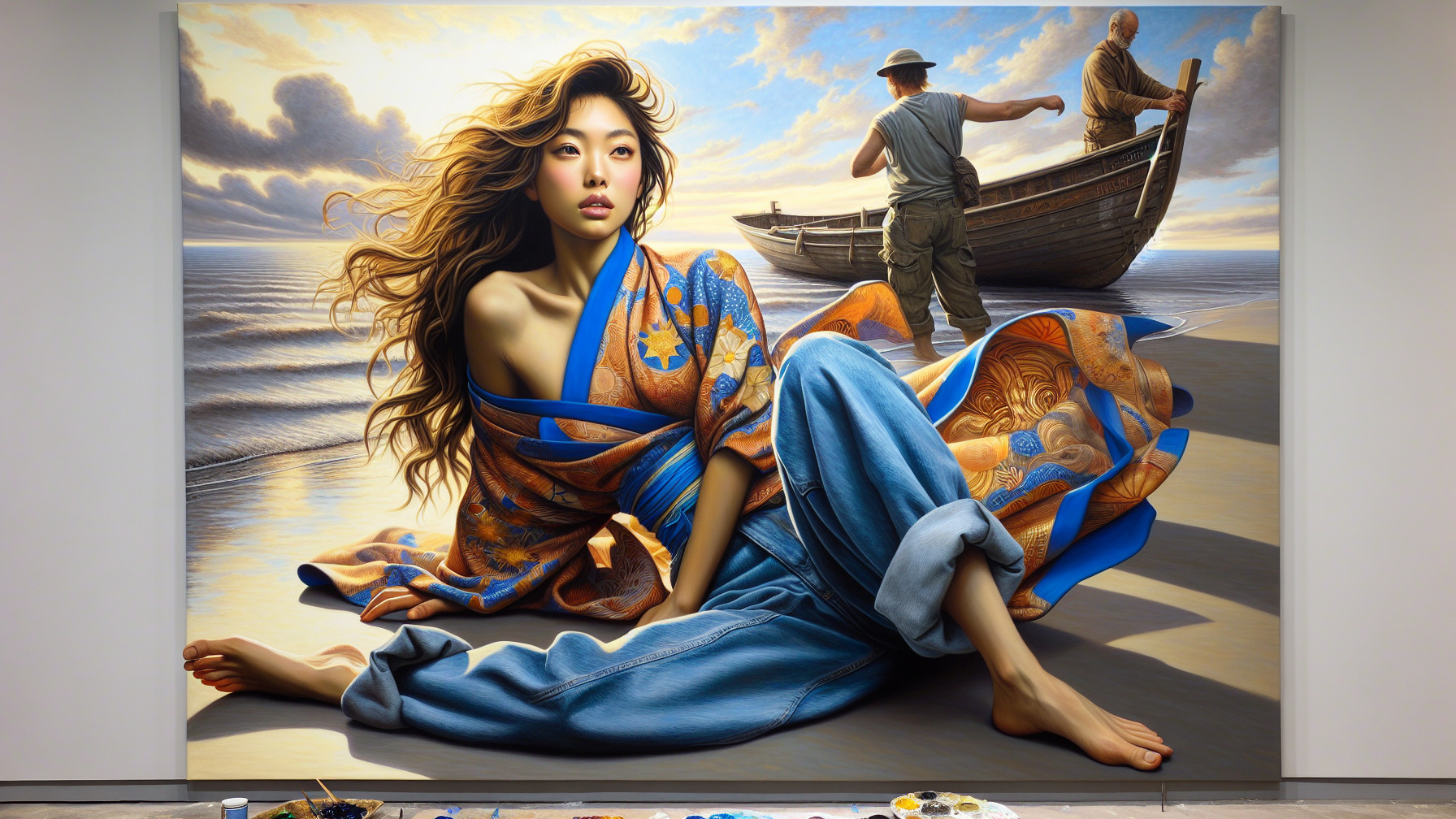 Woman in Kimono on Beach with Boat Preparation Scene