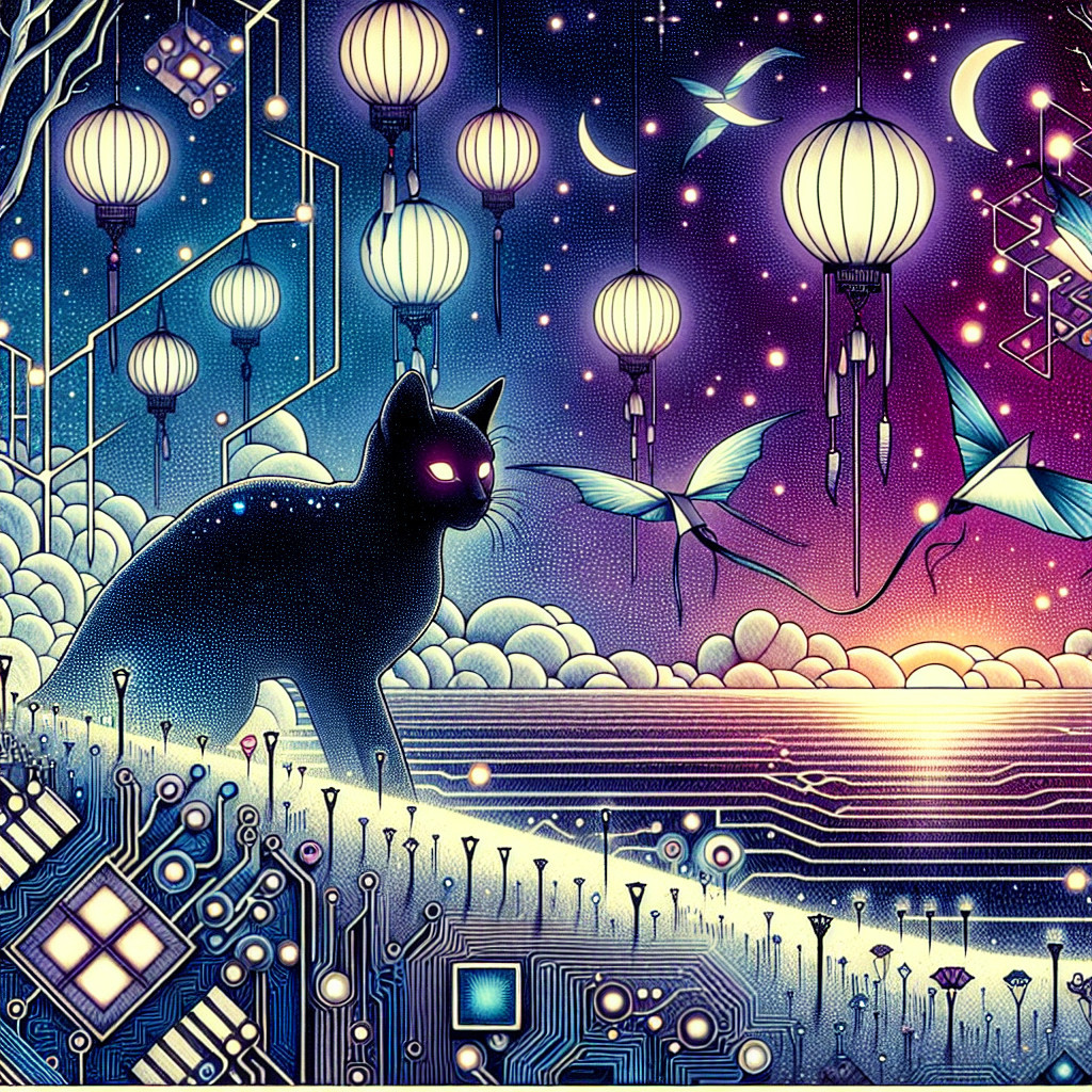 Silhouette of a Cat in a Mystical Landscape at Twilight