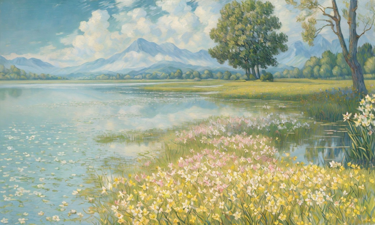 Tranquil Lake with Lush Greenery and Majestic Mountains