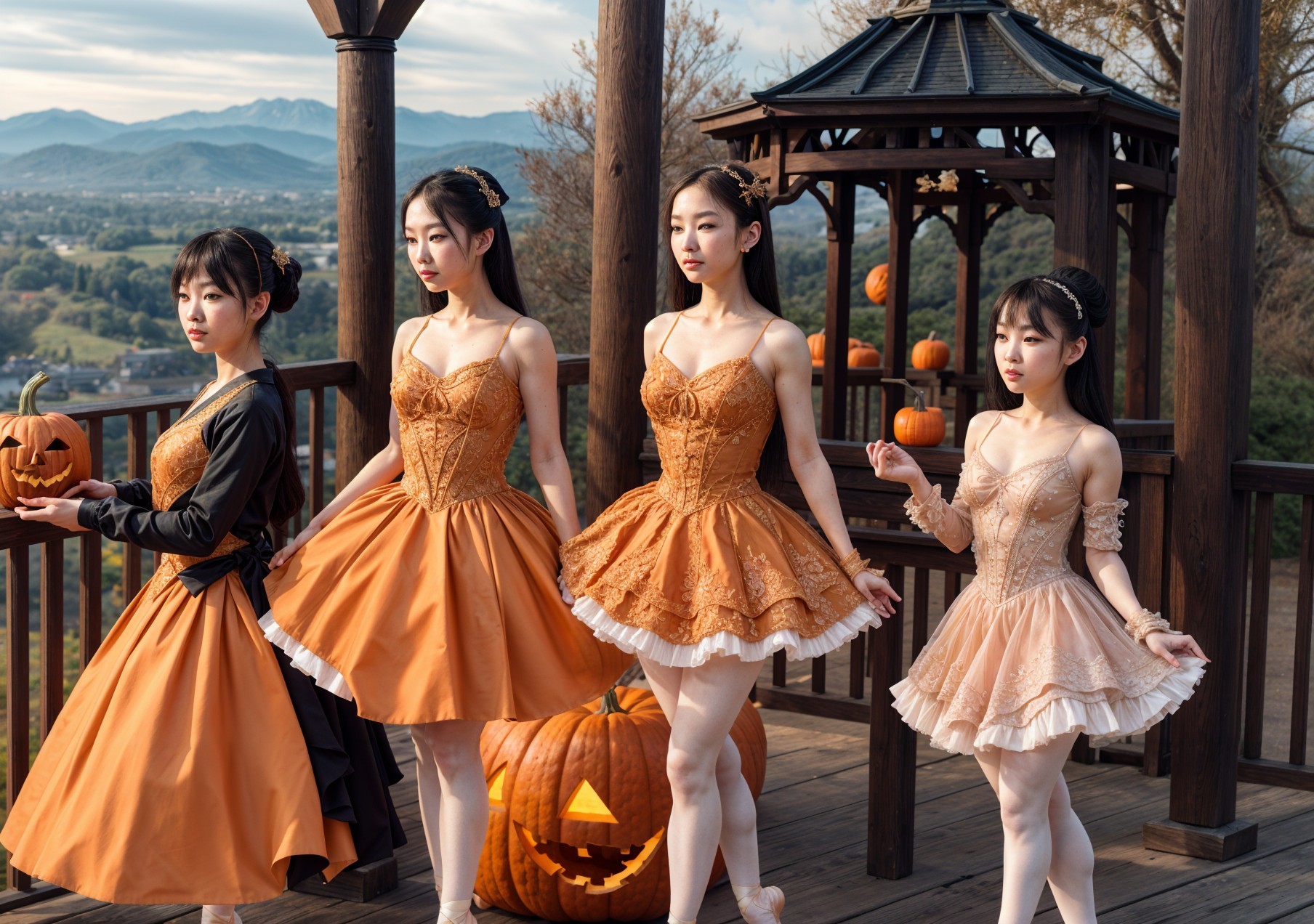 Dancers in Ballet Costumes Amid Autumn Scenery