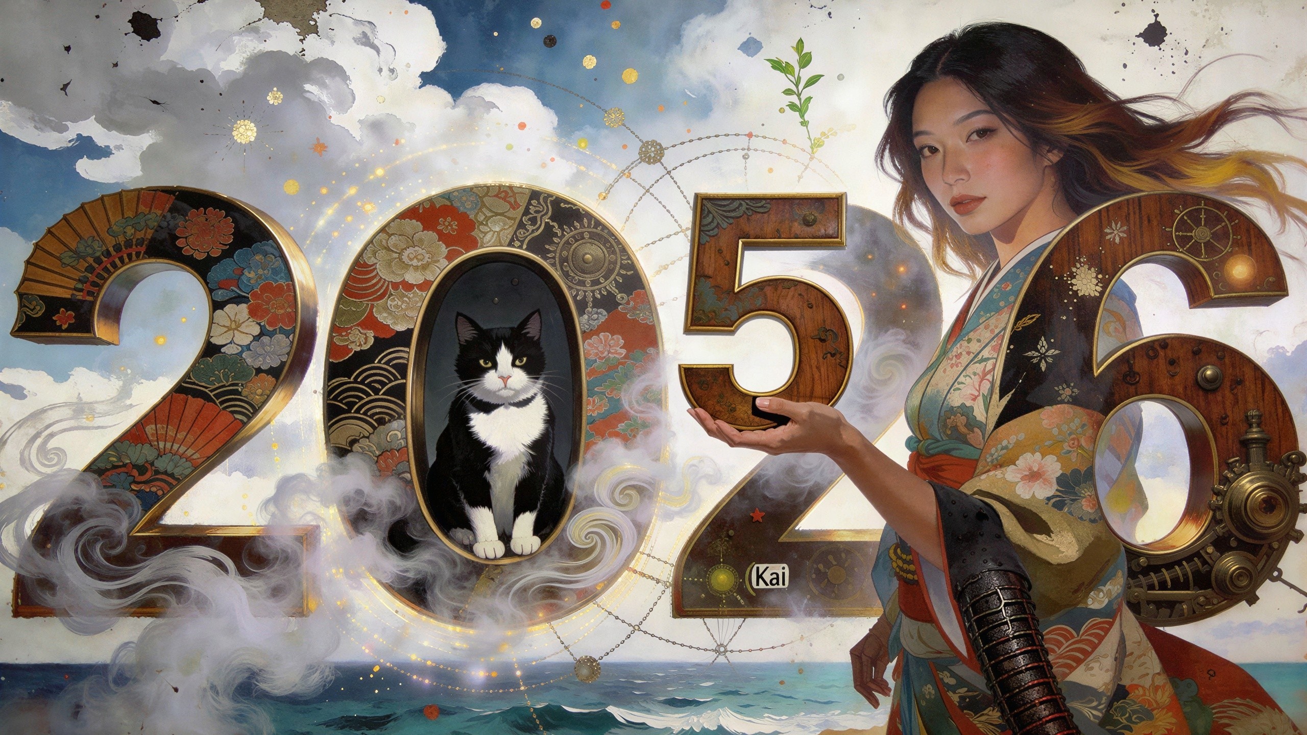 Whimsical 2026 Illustration with Cat and Woman