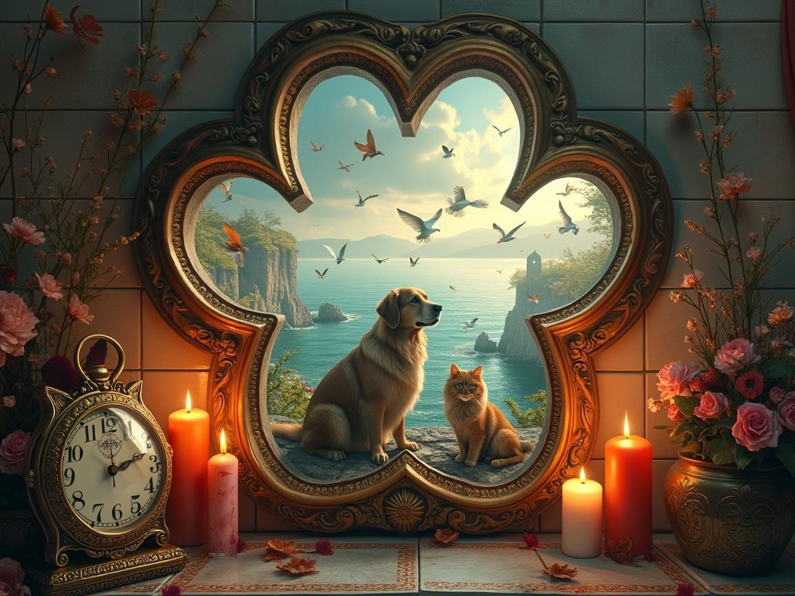 Ornate Mirror Reflecting Seaside Scene with Pets