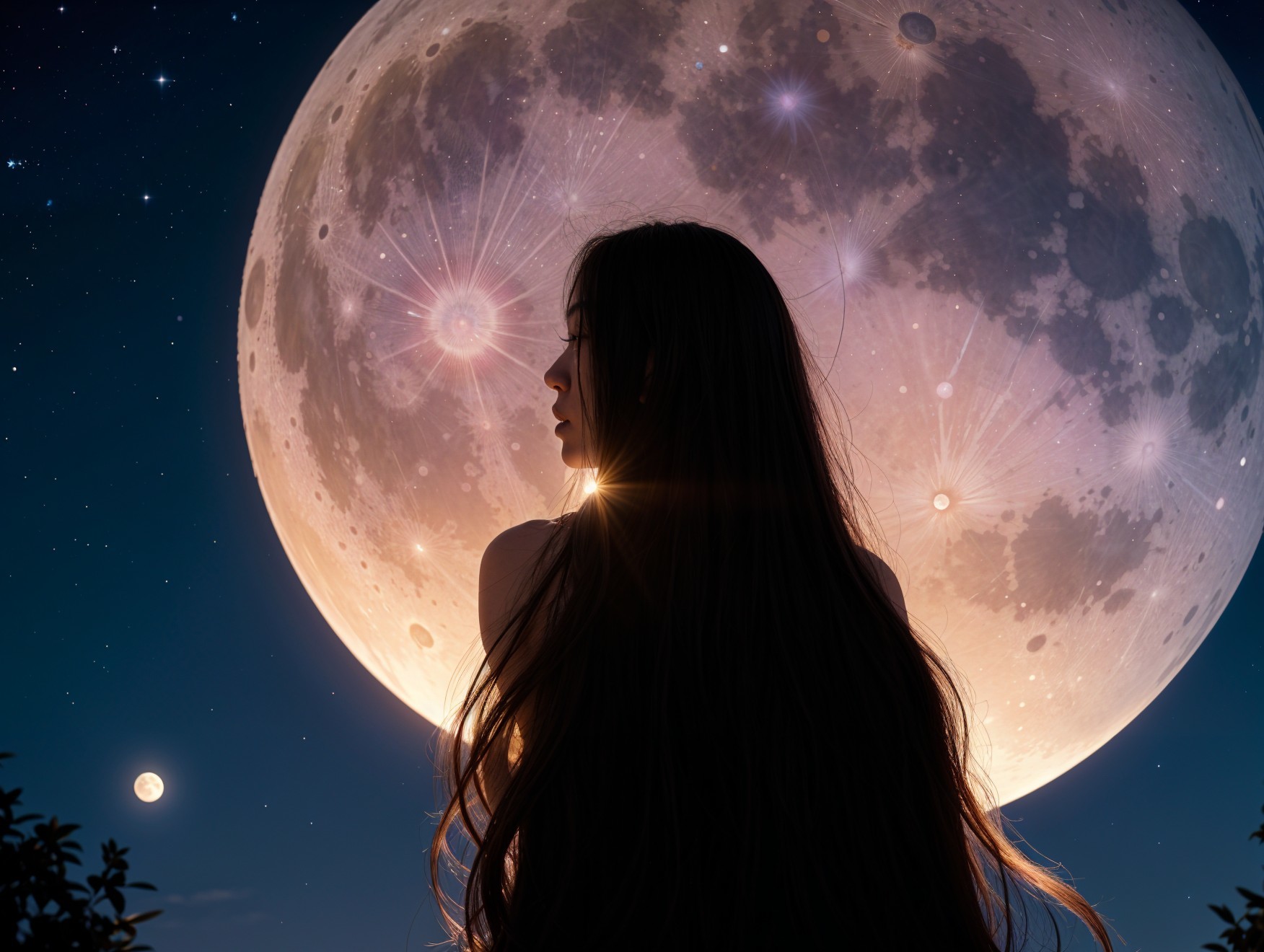 Silhouette of Woman Against Full Moon and Stars