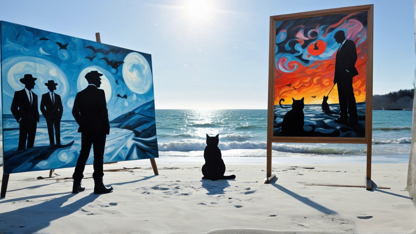Beach Scene with Paintings and a Black Cat