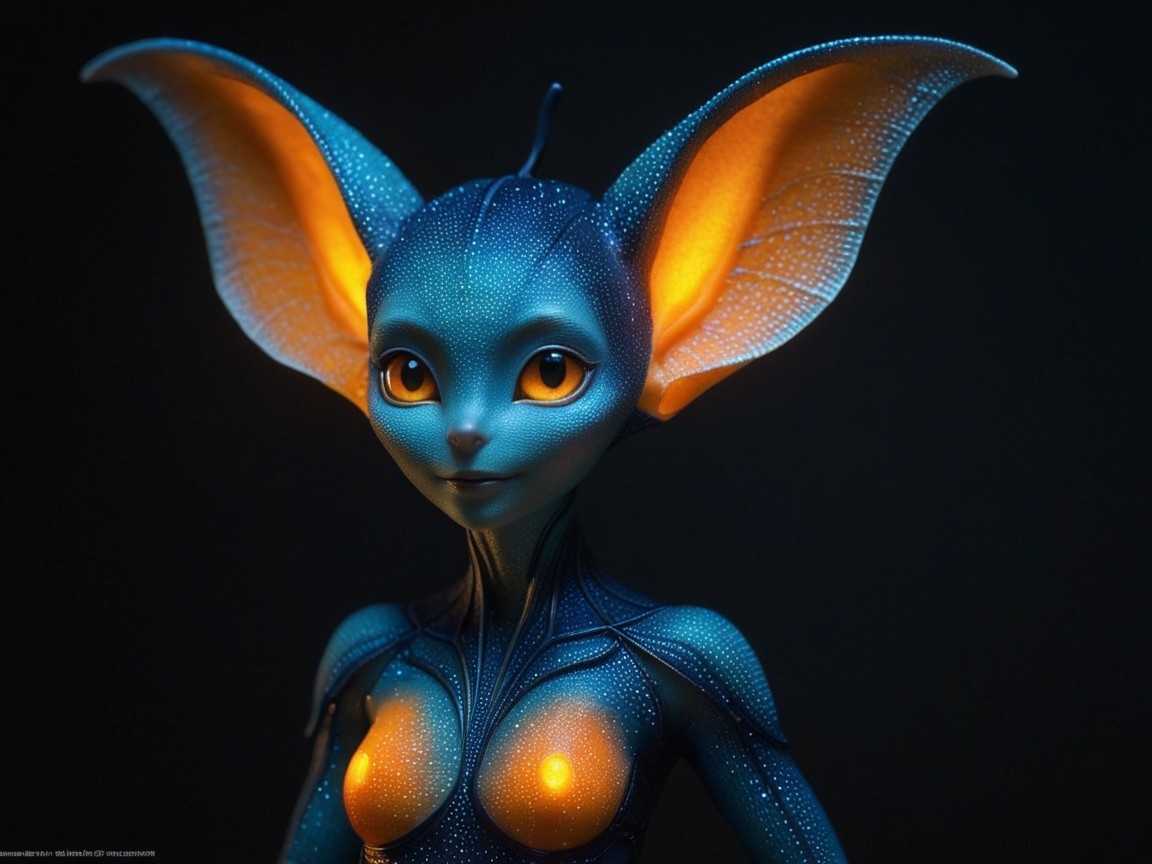 Fantastical character with oversized ears and blue skin