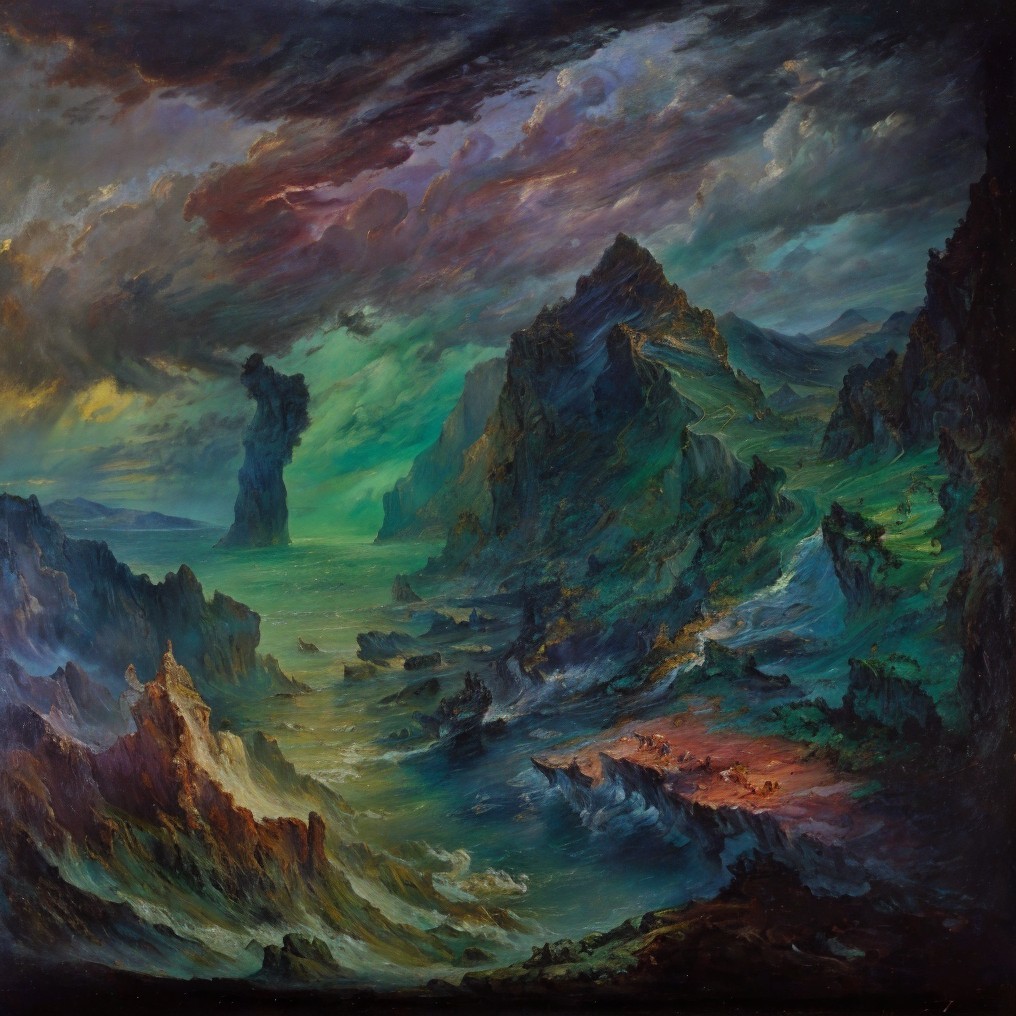 Dramatic Landscape with Mountains and Turbulent Sea