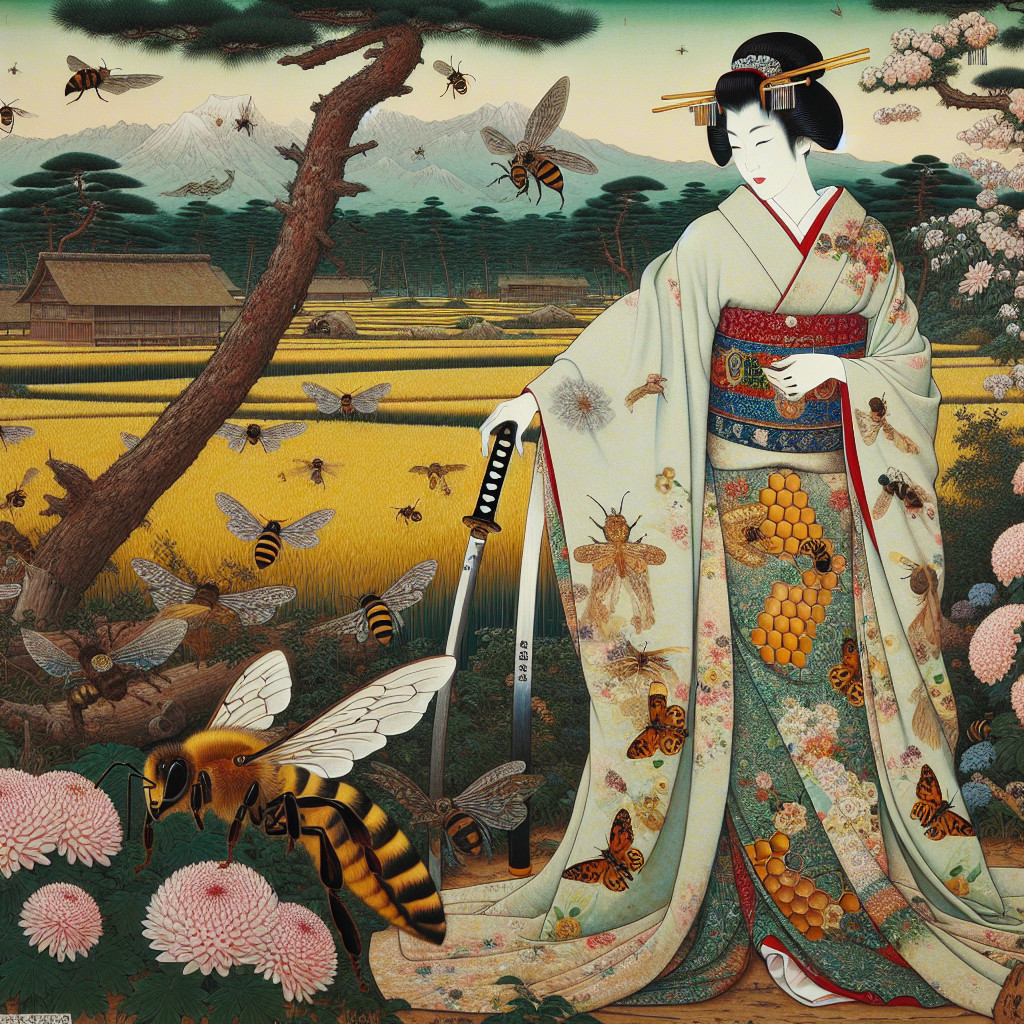 Kimono-clad Woman in Japanese Landscape with Bees