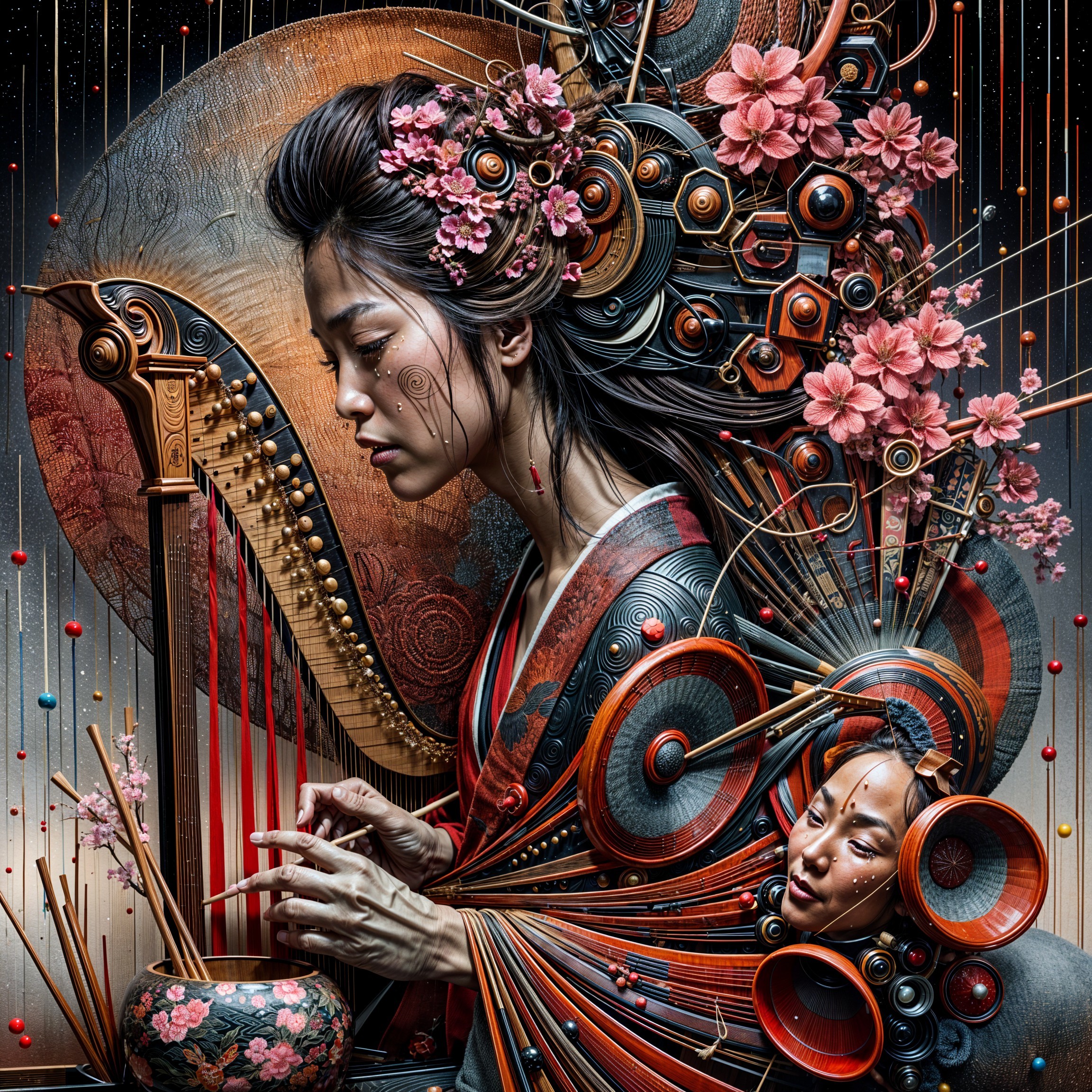 Woman in Traditional Attire Playing Harp with Blossoms