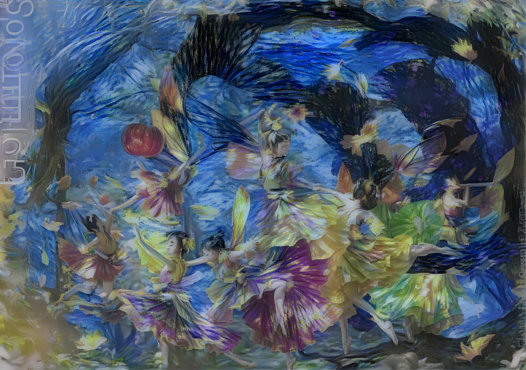 Dancing Fairies in Autumn Leaves and Dreamlike Setting