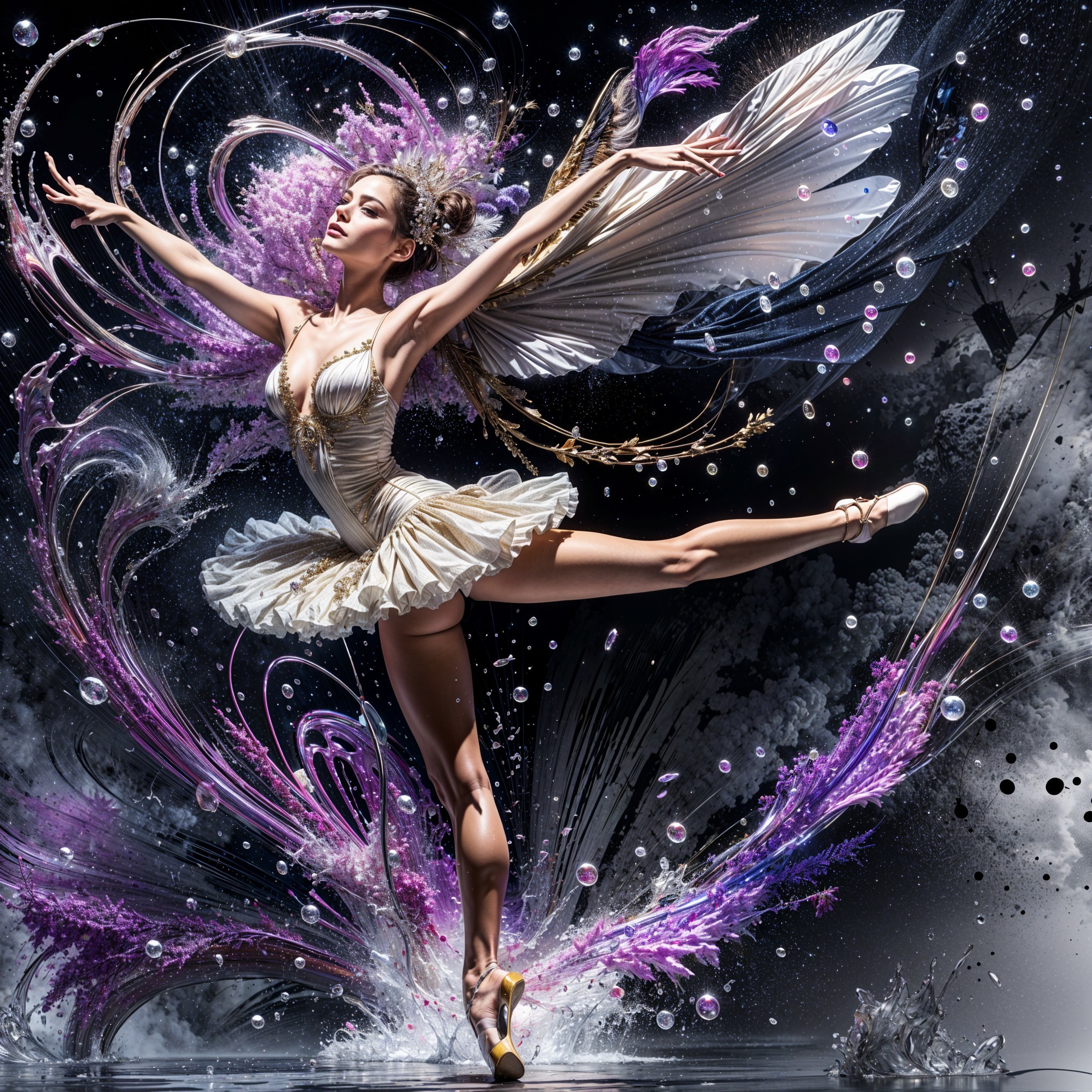Ballet Dancer in Silver Costume with Colorful Wings