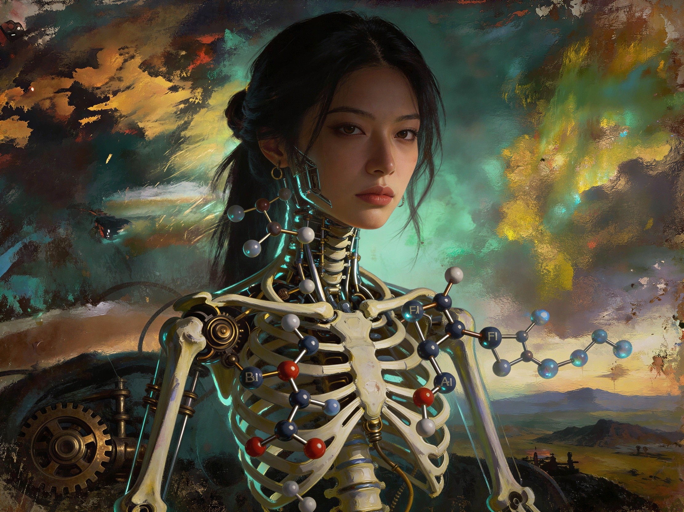 Painting of Asian Woman with Exposed Ribcage and Castle