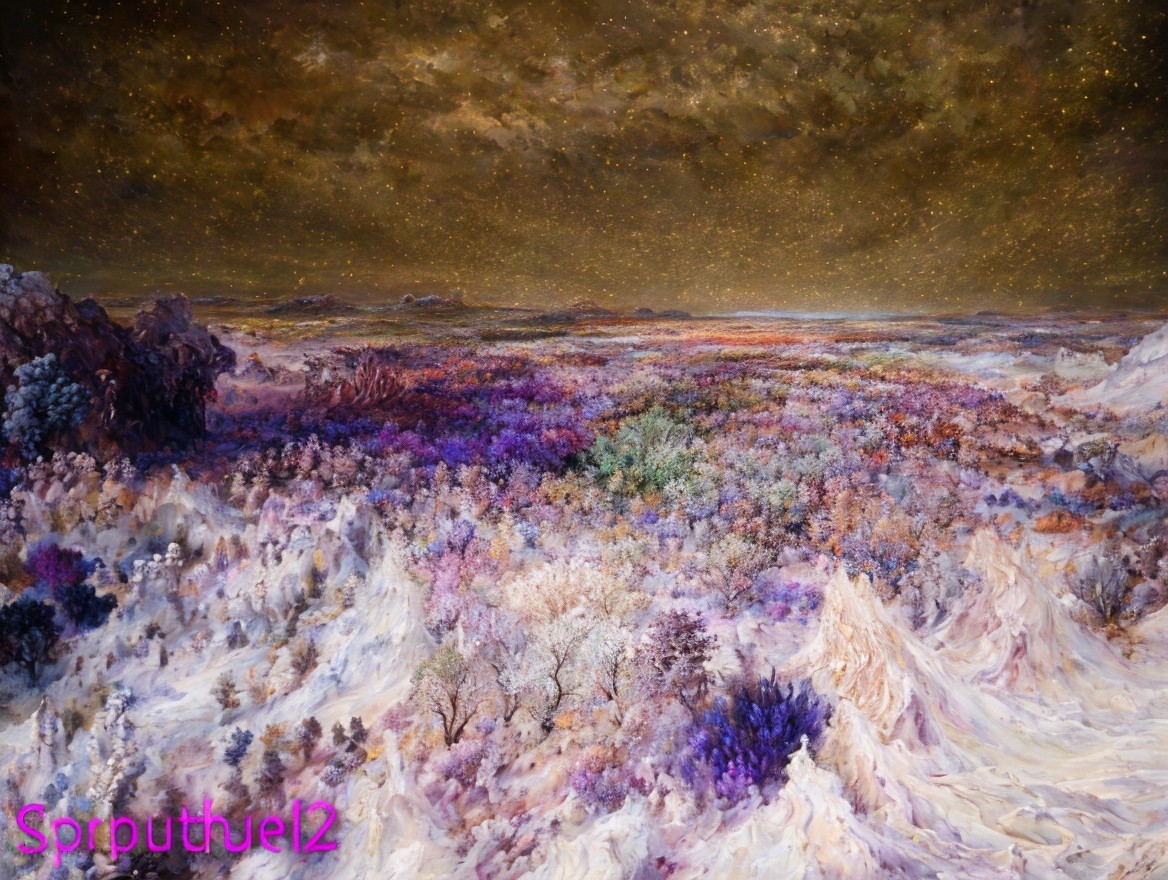 Otherworldly landscape with vibrant flora and dramatic sky