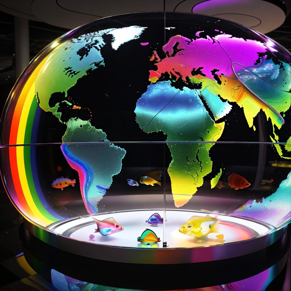 Vibrant Globe with Colorful Map and Translucent Fish