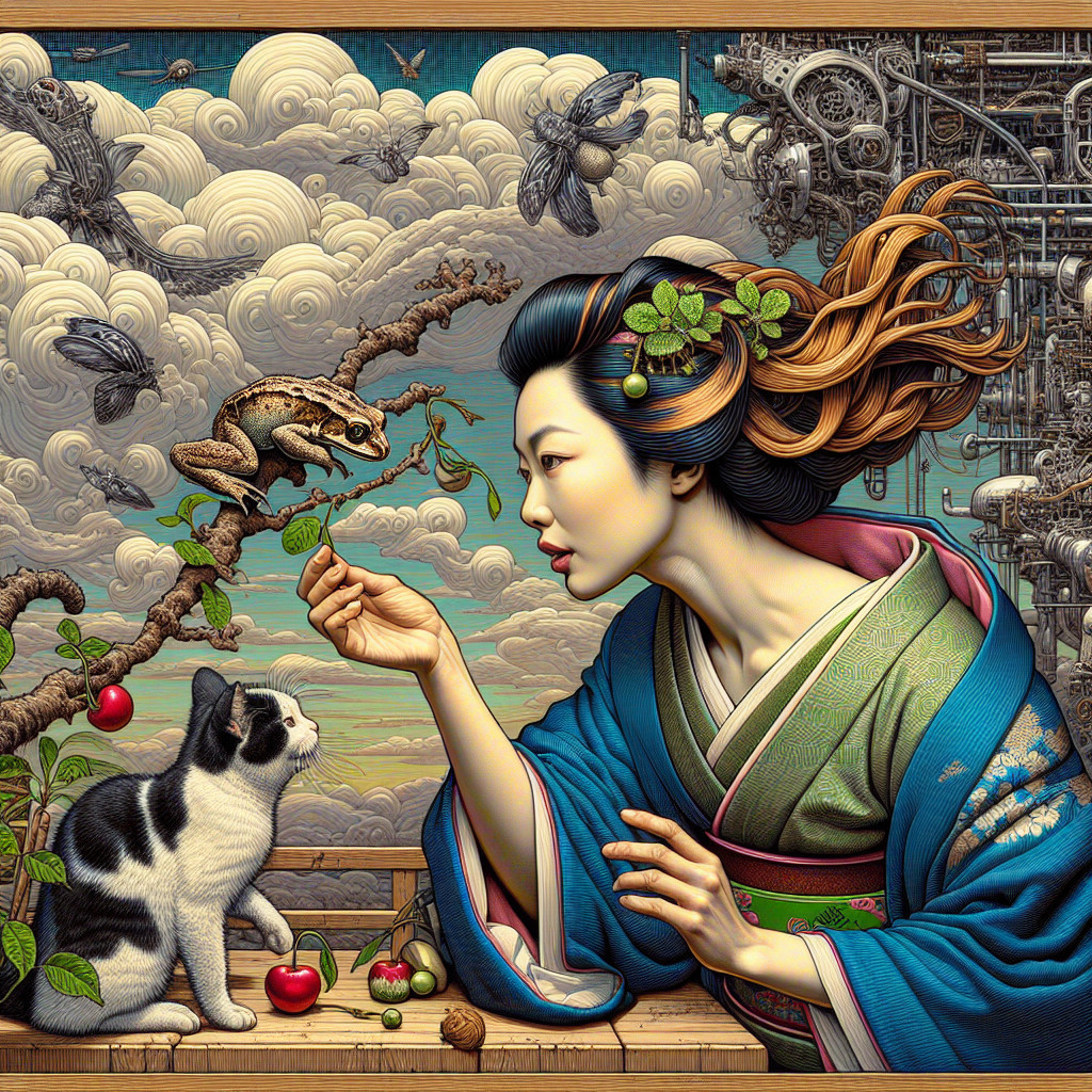 Serene Woman in Traditional Attire with Cat and Frog
