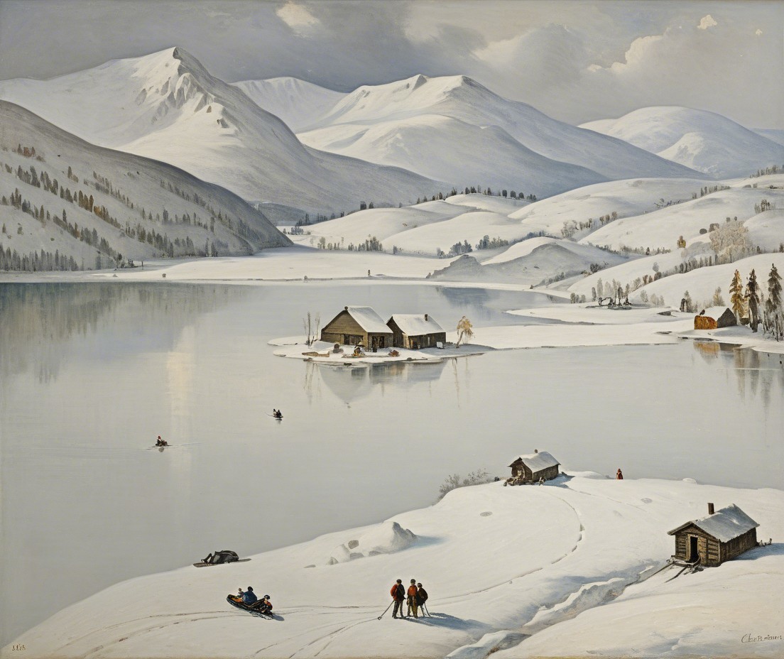 Winter Landscape with Snow-Covered Mountains and Lake