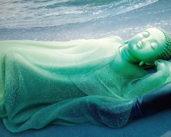 Translucent Green Reclining Buddha Sculpture on Beach
