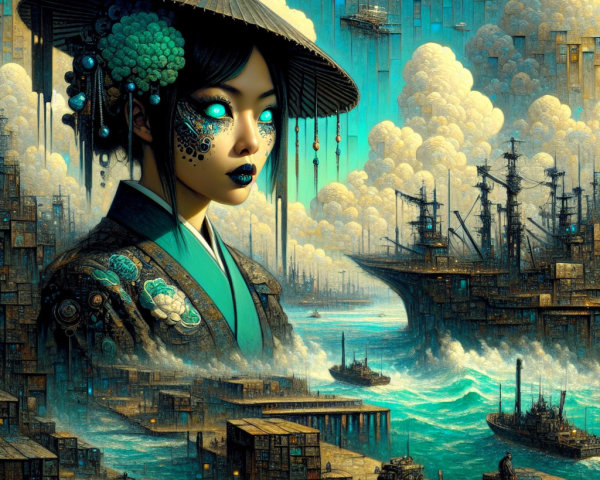 Surreal Futuristic Scene with Woman at Vibrant Harbor
