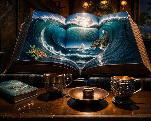 Open Book with Ocean Waves and Sailboat Scene