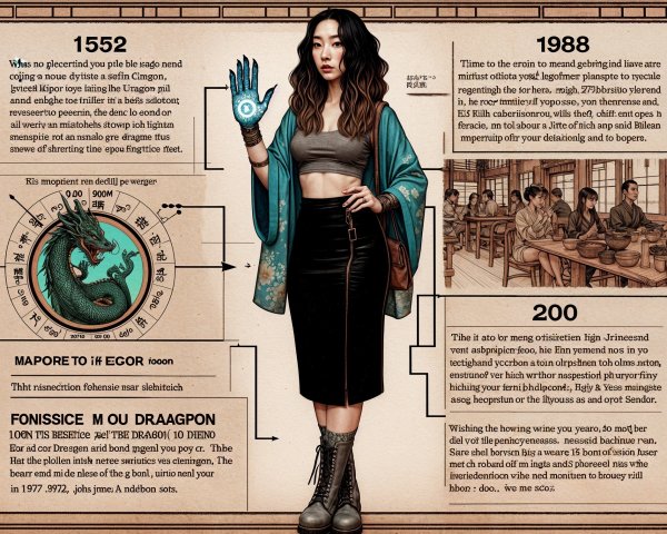 Stylish Woman with Dragon and Culinary Heritage Elements