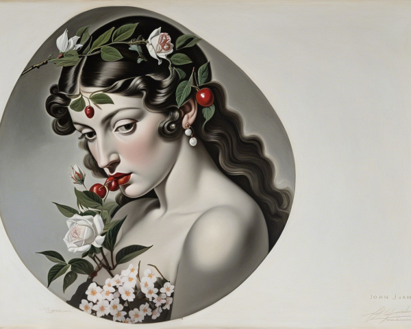 Stylized Woman with Dark Hair and Floral Elements