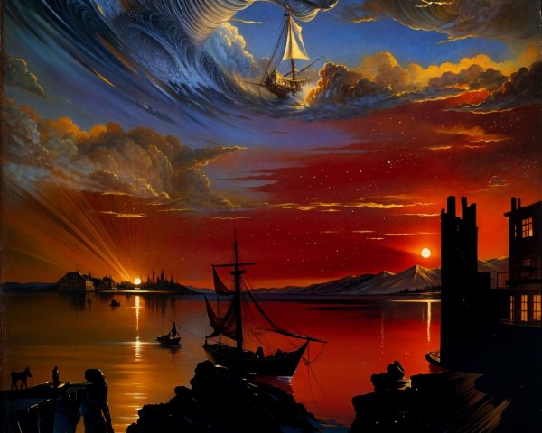 Majestic dragon over sunset sea with sailboat and village