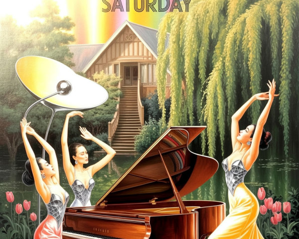 Elegant Women Performing Music in Garden Setting