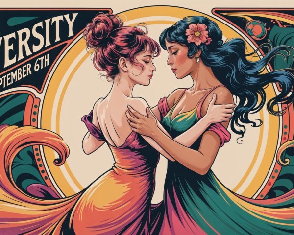 Women Embracing with Floral Motifs and Vivid Colors