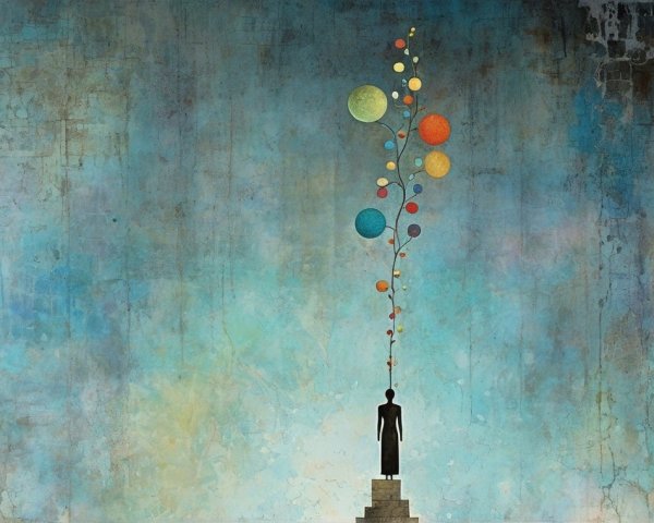 Solitary Figure with Colorful Circles on Blue Background