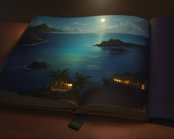 Illustrated Seascape at Night in an Open Book