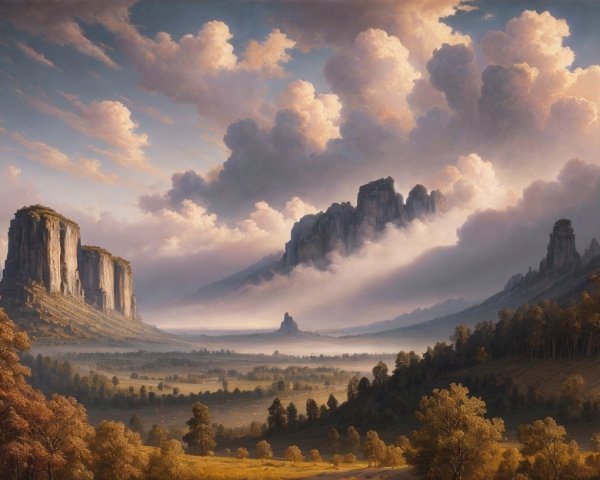 Towering Rock Formations in Lush Valley Landscape