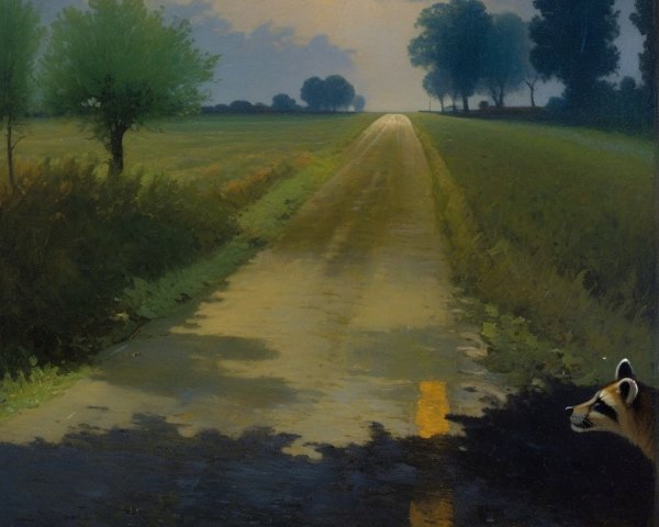 Serene landscape with winding road and moonlit sky