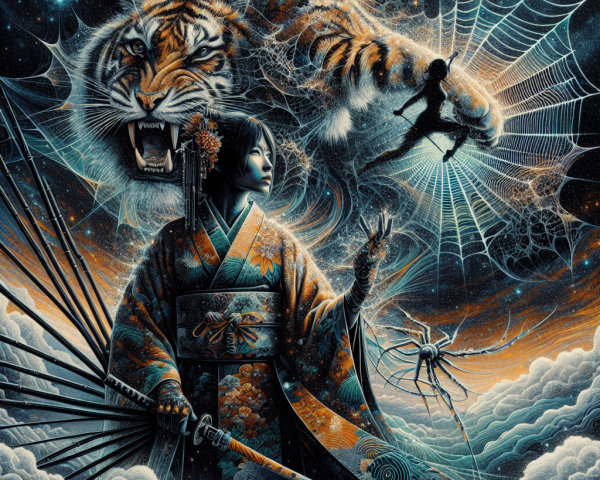 Kimono-Clad Figure with Tiger in Mystical Setting