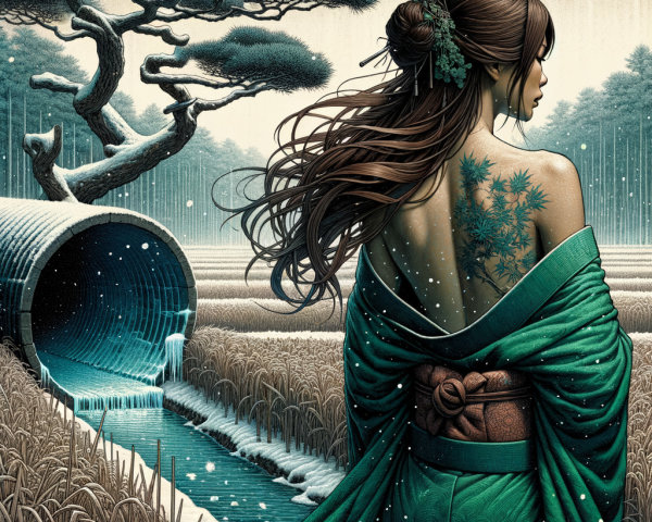 Woman in Green Kimono by Tranquil Stream and Rice Fields