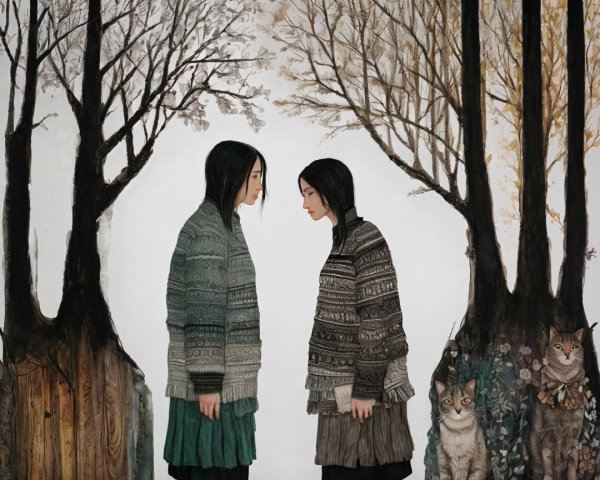 Surreal Landscape with Identical Figures and Nature Elements