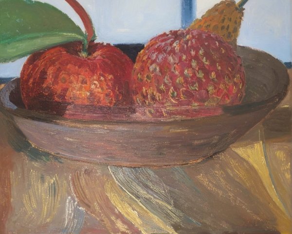 Wooden Bowl with Red Apples and Yellowish Fruit