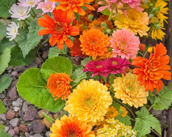 Vibrant Bouquet of Colorful Flowers with Green Leaves