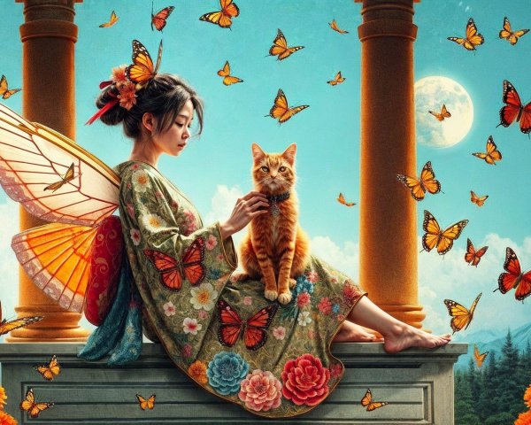 Serene Scene of Woman with Butterfly Wings and Cat