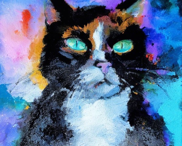 Vibrant Cat Painting with Turquoise Eyes and Abstract Background