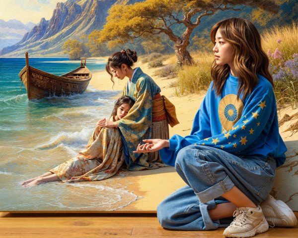 Vibrant Beach Scene with Women and Child in Painting