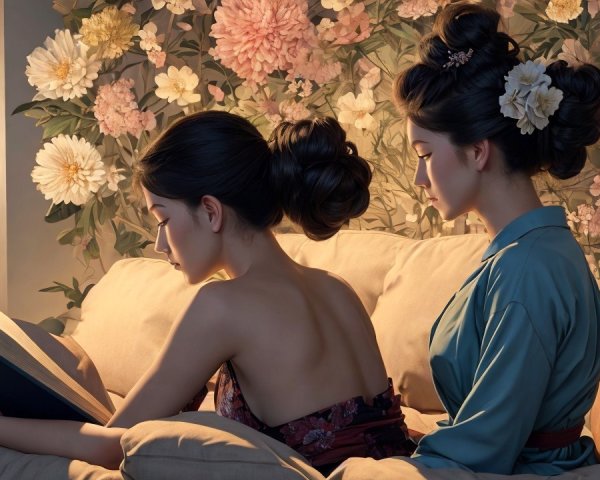 Women Reading on a Plush Couch Surrounded by Flowers