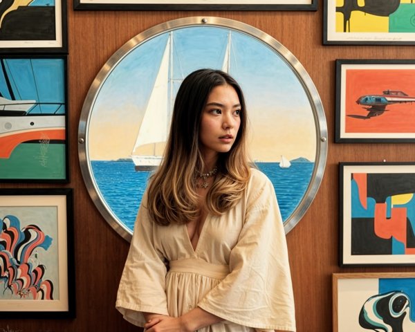 Young Woman in Cream Garment by Nautical Painting