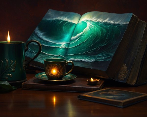 Vibrant Wave Painting in Cozy Reading Setting