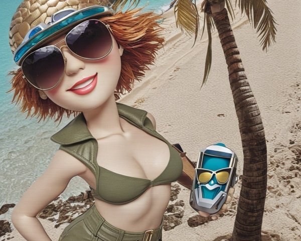 Stylized character with red hair on sandy beach